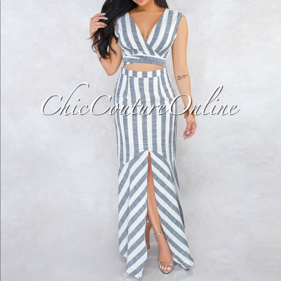 Taupe Black Stripes Front Tie Cut-Out Maxi Dress - Picture 3 of 4